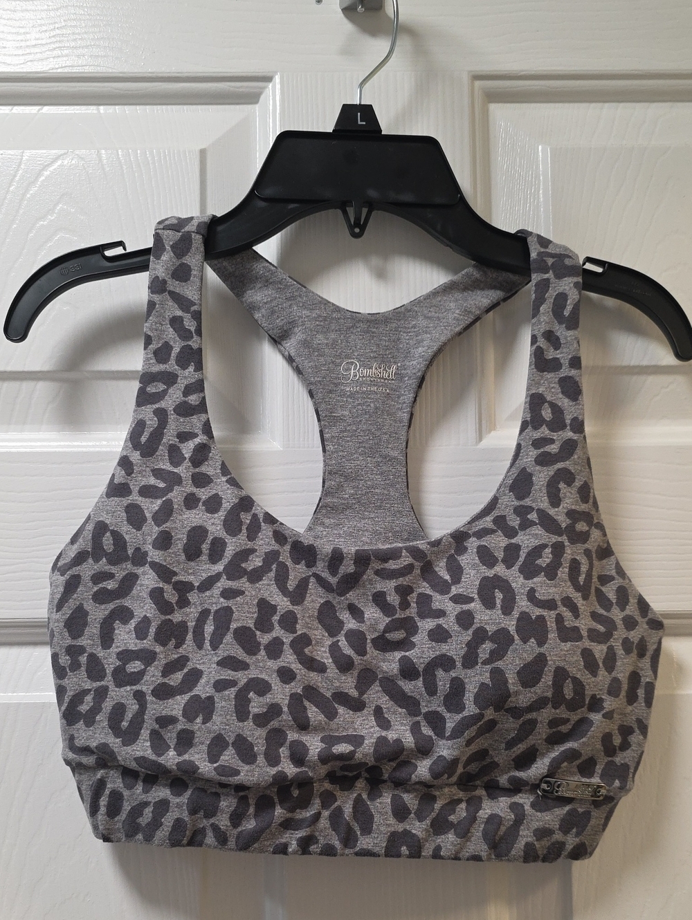 Bombshell Sportswear Gray Leopard Racerback Sports Bra